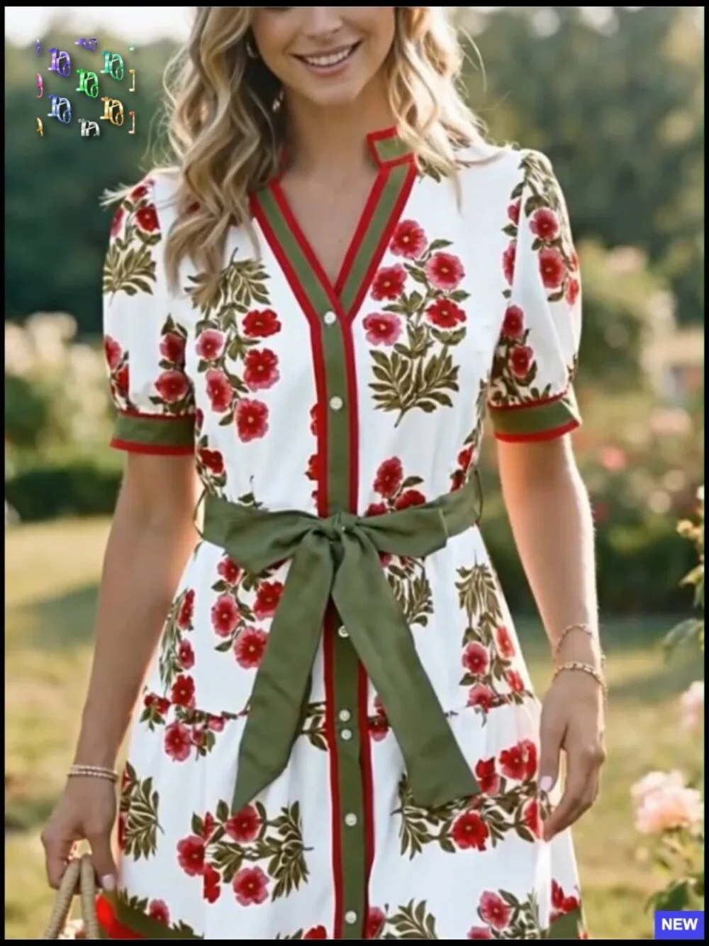 Floral Mini Dress Puff Sleeve V Neck Button Down Boho Casual Loose Fit - Picture 6 of 7